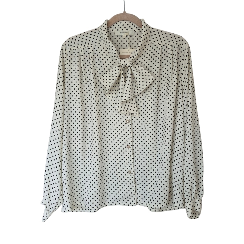 Simple Retro Polka Dot Neck Bow Tie Long Sleeve Blouse